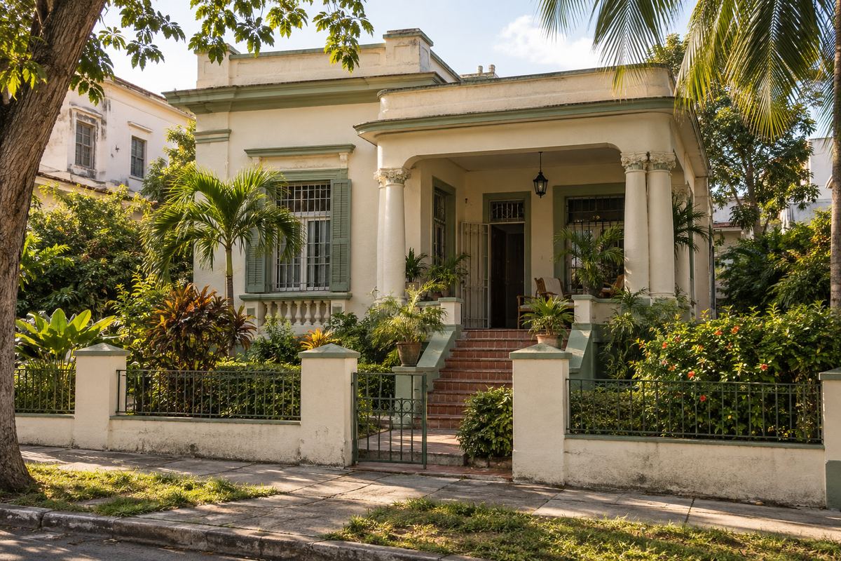 Vivienda con portal, vegetación y jardín. Imagen ilustrativa.